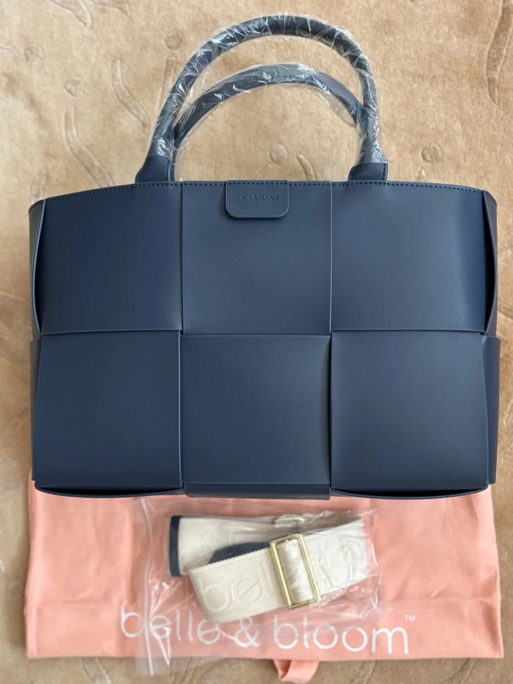 NWT, Belle & Bloom Long Way Home Woven Navy Large Leather Tote, Removable Strap